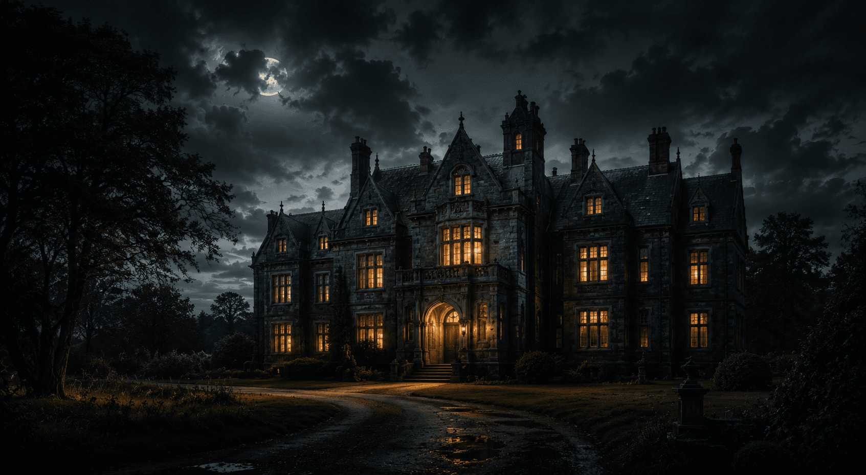 Ashford Hall at night, its windows lit