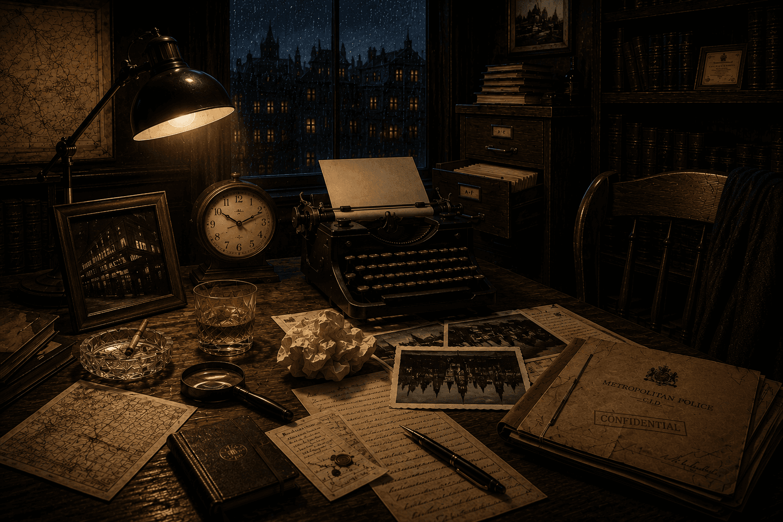 A detective's desk at night — a typewriter, an upside-down photograph, a crumpled page and an open filing-cabinet drawer among the papers.